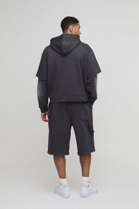 High Quality Custom Heavy Weight <b>Knitted</b> Breathable Zip-Up Solid Winter Hoodie and Shorts <b>Set</b> Men's 100% Cotton OEM Services - Product Image 4