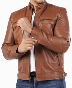 <b>Men</b> <b>Brown</b> Genuine <b>Leather</b> <b>Jacket</b> Moto Biker Style Stand Collar Zipper Closure Regular Fit Autumn Wear - Product Image 3