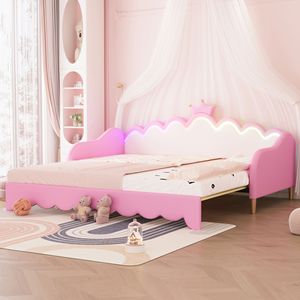 Moderno Letto a Soppalco Rosa per Bambini con Luci LED e Testiera a Corona, Estensibile - Product Image 1