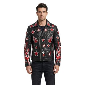 Blousons de travail en cuir marron personnalisés avec applique étoile et broderie de blason moto rétro - Product Image 4