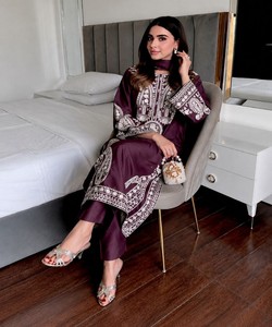Purple Embroidered Kurta Palazzo Set Women Traditional Loose Fit Floor Length Party Wear India Pakistan Style 84565 LC 1467 - Product Image 2