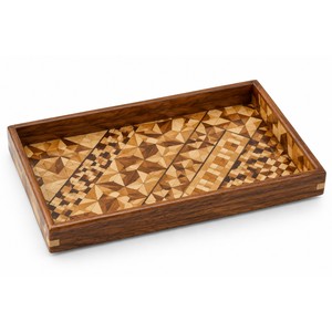 Plateau de rangement artisanal traditionnel en marqueterie or et bois |   Mosaïque géométrique Hakone Yosegi-Zaiku |   Vente en gros - Product Image 1