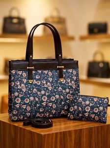 Sac fourre-tout en jacquard floral bleu marine fait main avec pochette assortie - Product Image 2