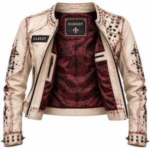 Blouson en cuir vieilli blanc cassé avec imprimé Portrait de mariée gothique, col clouté, fermeture éclair avant, style motard pour femme, fabrication sur mesure - Product Image 5