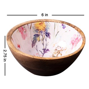 Bol à salade artisanal en bois de manguier écologique de luxe, émaillé, moderne, résistant au lave-vaisselle et au congélateur, motif floral aquarelle rose et blanc - Product Image 6
