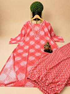 Pure Organic Cotton Woven V-neck Floral Print Breathable Embroidery Cute Casual Straight Side Cut Long Elastic Waist Kurta <b>Pant</b> - Product Image 2