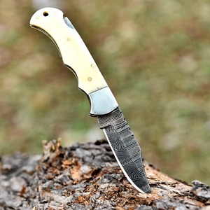 Handmade Damascus Steel Folding <b>Knife</b> • <b>Bone</b> <b>Handle</b>, Leather Sheath - Product Image 4