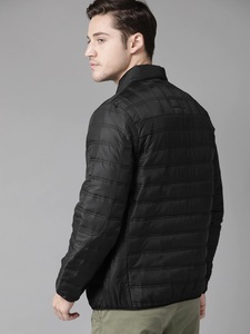 Men's Black <b>Quilted</b> Jacket Stand Collar Zipper Front Windproof Casual Solid Color Slim Fit Polyester <b>Wadding</b> Autumn Wear - Product Image 1