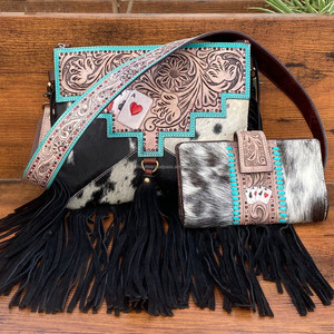 ชุดกระเป๋าสตางค์แบบพับสองด้านทำด้วยมือกระเป๋าหนังวัวมีพู่แบบตะวันตก - Product Image 4