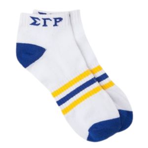 Chaussettes basses rayées blanches Sigma Gamma Rho pour femmes, en coton, décontractées, athlétiques, avec lettres de sororité grecque, personnalisées pour le campus - Product Image 1