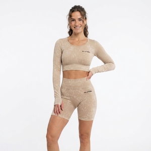 Women Beige Acid Wash <b>Long</b> <b>Sleeve</b> Crop <b>Top</b> Biker Shorts Set High Waist Gym Yoga <b>Workout</b> Activewear - Product Image 3