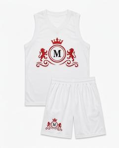 Men's White Sleeveless Basketball Uniform With Red Crown M Logo Print Breathable <b>Polyester</b> Athletic Wear V-Neck - Product Image 2