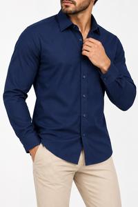 Chemise habillée unie à manches longues pour homme, col montant, 100 % coton tricoté, infroissable, boutons en corne, décontractée, respirante, écologique, ODM - Product Image 4