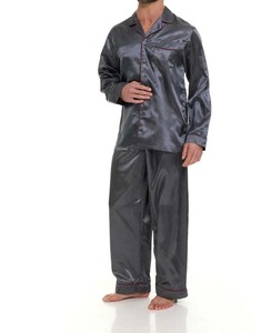 Conjunto de pijama de seda satinada para hombre, de manga larga, color gris sólido, dos piezas, ropa de dormir suave con botones, conjunto para otoño e invierno. - Product Image 1