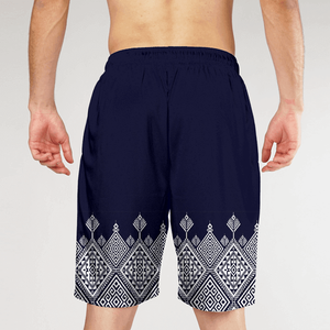 Short de bain pour homme à motif géométrique, séchage rapide, taille à cordon, décontracté, bleu marine avec imprimé blanc - Product Image 2