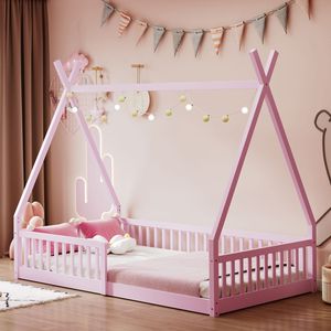 Lit en bois rose pour enfant, taille double, avec clôture, design unique, meubles de lit - Product Image 1