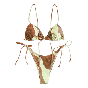 En gros, Maillot de bain deux pièces pour femme, soutien-gorge triangle push-up taille haute, maillot de bain deux pièces uni à bandage frontal taille haute, en Spandex sans couture - Product Image 1