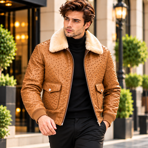 Herren-Lederbomberjacke Winterjacke mit Ziernieten und Lammfellkragen, Reißverschluss, gerippten Bündchen und Taschen - Product Image 1