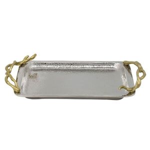 Plateau décoratif rectangulaire en métal argenté de luxe, plateau de service en acier inoxydable avec poignées florales pour la décoration de la maison, des mariages et des hôtels - Product Image 4