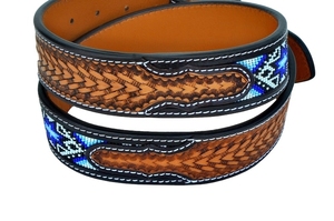 Cinturón Vaquero Occidental Vintage de Cuero Genuino Hecho a Mano, 38mm de Ancho, Longitud Personalizada, Hebilla de Pasador, Alta Resistencia, Duradero, con Incrustaciones de Cuentas Azules - Product Image 2