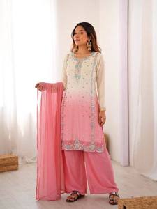 Ensemble de costume ethnique pour femmes, comprenant un haut en georgette brodé, un pantalon confortable et un style de soirée - Product Image 2