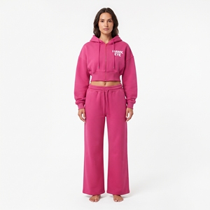 Conjunto de dos piezas para mujer: Sudadera corta con cremallera completa y hombros caídos, y pantalón jogger de pierna ancha, 100% algodón polar, ropa casual. - Product Image 1