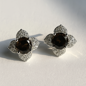 Pendientes de tuerca florales con cuarzo ahumado y circonitas cúbicas, 2 piezas, plata de ley chapada en rodio, románticos para compromiso, boda, aniversario - Product Image 4