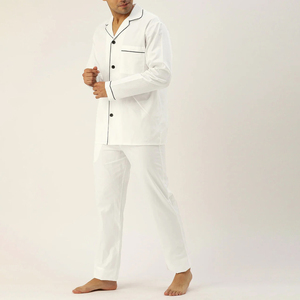 Conjunto de Pijama para Hombre, Blanco, Manga Corta, Transpirable, Abierto por Delante, con Bolsillos, Tela de Satén de Algodón, Ropa de Dormir Informal para Verano - Product Image 4