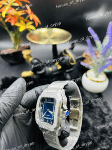 Reloj Automático Cuadrado de Acero Inoxidable con Moissanita, Esfera Azul, Números Romanos, Visualización de Fecha, Lujoso, Estilo Hip Hop, Brillante y a la Moda - Product Image 3