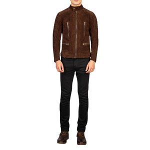 Men's Brown Suede <b>Faux</b> Leather Motorcycle Jacket Stand Collur Zipper Biker <b>Coat</b> - Product Image 1