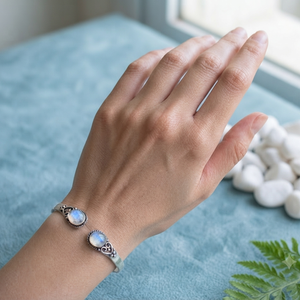 Rainbow Moonstone Bezel Set Open <b>Cuff</b> Bangle Handmade <b>Silver</b>/Gold Plated Brass Adjustable Gemstone <b>Bracelet</b> Classic Gift Unisex - Product Image 3