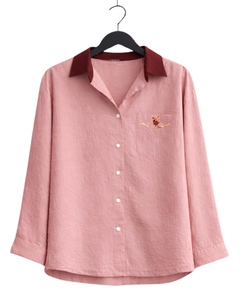 Conjunto de dos piezas para mujer, camisa rosa y pantalones anchos color borgoña, conjunto informal de algodón y lino, ropa de verano con bolsillo bordado - Product Image 1