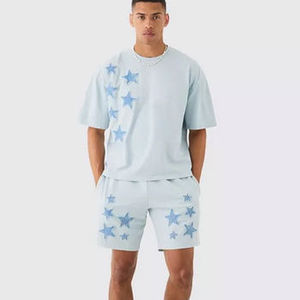 Diseña tu propio conjunto de camiseta y pantalones cortos de algodón con estampado de estrellas azul claro para hombre, ropa informal de verano, tela de punto transpirable - Product Image 1