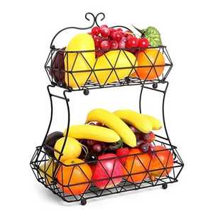 Élégant support à fruits à 2 niveaux en métal noir, panier de rangement décoratif à motifs floraux pour comptoir de cuisine avec poignée annulaire - Product Image 6