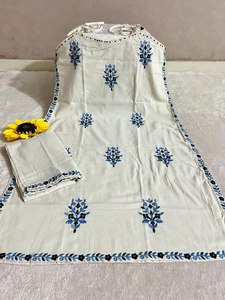 Conjunto de Kurta y Pantalón de Algodón sin Mangas, Estilo Étnico Indio de Bollywood, 2 Piezas, Estampado Floral Blanco, para Fiestas de Invierno/Verano, para Mujer, Venta al Por Mayor - Product Image 3