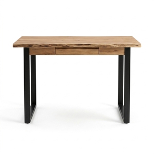 Escritorio Moderno con Superficie de Teca Sólida, Mesa Consola con Borde Natural, 1 Cajón y Patas Metálicas para Apartamento - Product Image 1