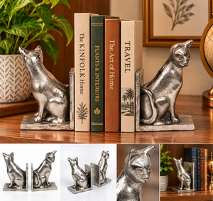 Lot de 2 serre-livres décoratifs en aluminium argenté antique, sculptures de chats en métal texturé, élégants supports de livres - Product Image 2
