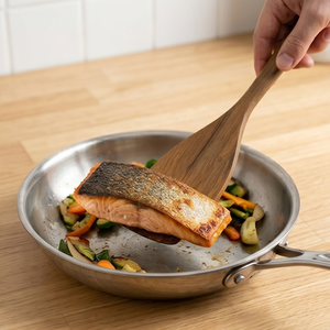 Spatule de cuisine en bois de teck naturel de haute qualité avec lame à bord plat, manche ergonomique fin et trou de suspension - Product Image 5