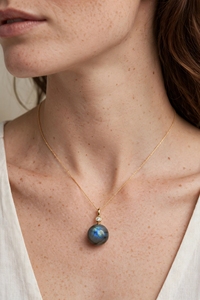 Collier pendentif en labradorite naturelle et zircon, pierre précieuse ronde de 16 mm, finition laiton doré, argenté, or rose, bijoux en gros - Product Image 4
