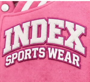 INDEX Varsity <b>Jacket</b> <b>Pink</b> White Sleeve Embroidered Logo Turn-down Collar Button Closure Autumn Wear Unisex Preppy Style - Product Image 6