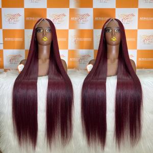 Perruque de cheveux humains droite à double étirement à cuticule alignée Bourgogne Couleur chaude 2025 de perruque droite sans colle d'os de donneur brut - Product Image 2