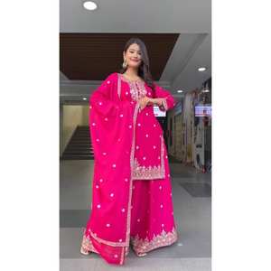 ชุดสูทกำมะหยี่ดีไซน์เนอร์สำหรับงานปาร์ตี้ สีชมพู ผ้าไหม/ผ้าฝ้าย ระบายอากาศได้ดี ตกแต่งด้วยงานปักเลื่อม ไซส์ XL - Product Image 3