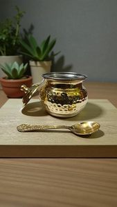Handcrafted Hammered Brass Condiment <b>Jar</b> with Lid and Spoon Traditional Indian Spice <b>Storage</b> Pot Decorative <b>Kitchen</b> Countertop - Product Image 6