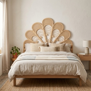 Cabecera de Cama Moderna y Minimalista con Diseño de Flor de Pavo Real, Estructura de Madera Ecológica, Tapizada en Microfibra Marrón, Personalizable - Product Image 2