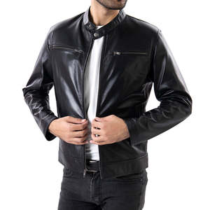 Men's Black Genuine <b>Leather</b> Moto <b>Jacket</b> Stand Collar Zipper Closure Slim Fit Regular Sleeve Solid Color Autumn Style - Product Image 2