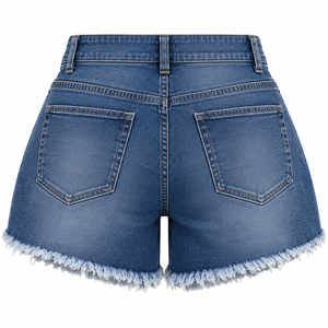 Shorts en jean bleu personnalisés pour femme, taille haute, fermeture à double bouton, ourlet effiloché, style vintage décontracté - Product Image 2