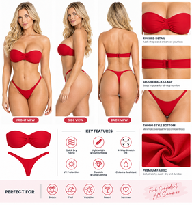 <b>Red</b> Custom Made Plus Size Eco-Friendly Women's Brazilian Bandeau <b>Bikini</b> <b>Set</b> with Quick Dry Fabric Beachwear - Product Image 5