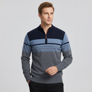 Pull tricoté rayé pour homme avec fermeture éclair 1/4, manches longues, veste d'automne, veste d'extérieur à demi-zip, fabriqué au Bangladesh - Product Image 3