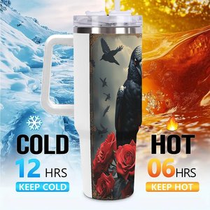Vaso de acero inoxidable de 40 oz con diseño de cuervo y rosas, taza de viaje - Product Image 6