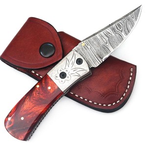 Cuchillo Plegable de Acero de Damasco con Mango de Resina, Punta Caída, Funda para Transporte Vertical, para Bolsillo, EDC, Caza, Camping, Compatible con OEM - Product Image 4